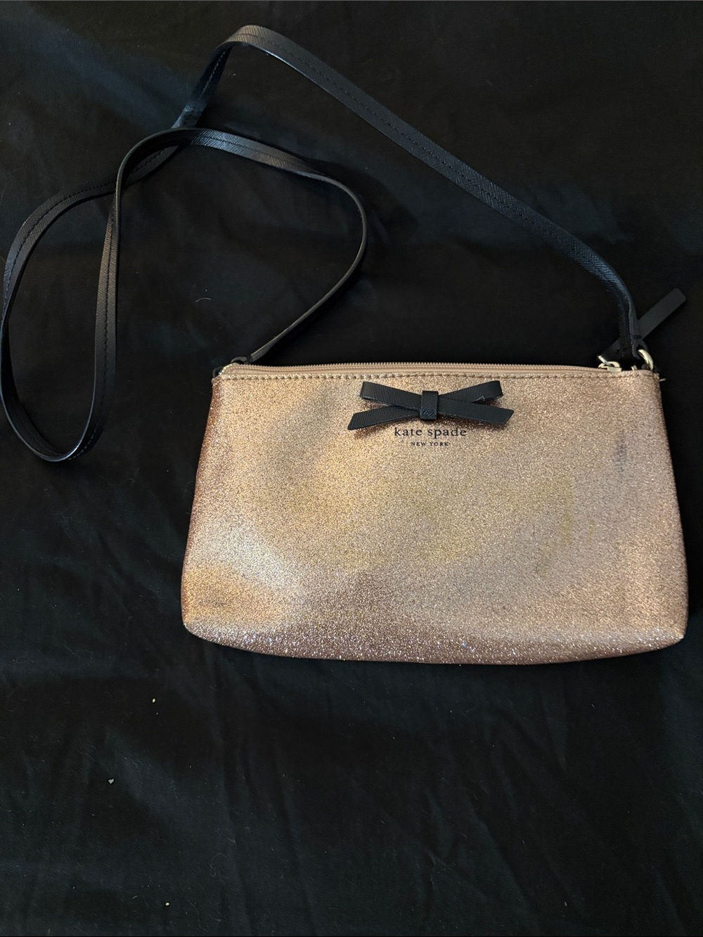 kate spade Rose Gold Glitter Crossbody with Black Strap and Bow